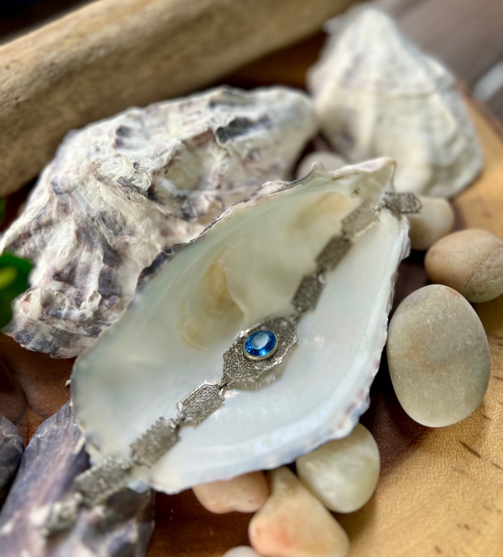 Art Deco Silver Filigree Bracelet with Blue Czech Glass&nbsp;Centerpiece