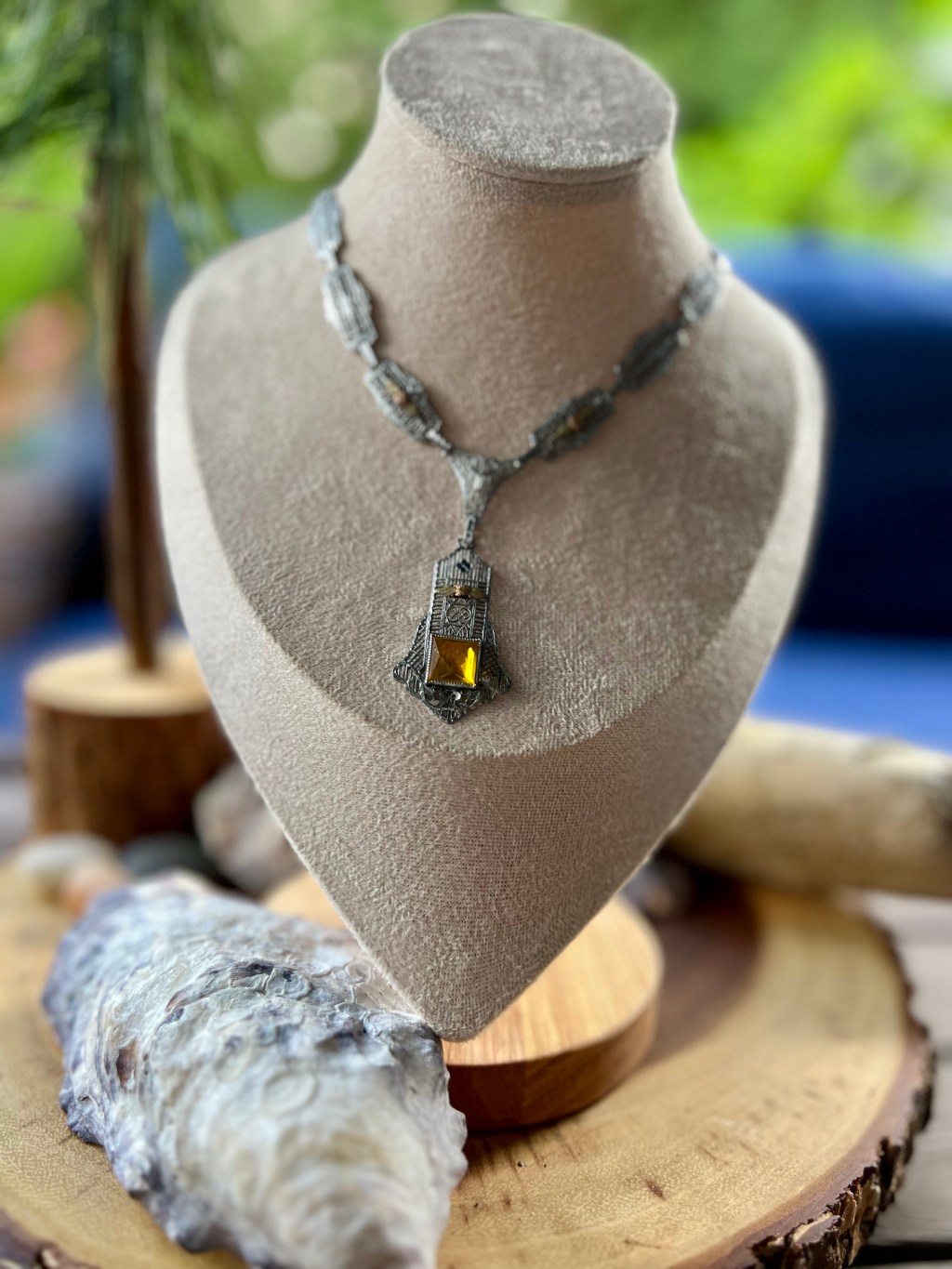 Art Deco Rhodium Filigree Necklace with Citrine Glass Pendant and Black Hills Gold Floral&nbsp;Accents